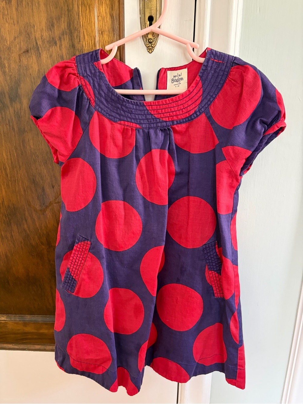 Boden Girls' Purple and Red Polka Dot Dress with pockets